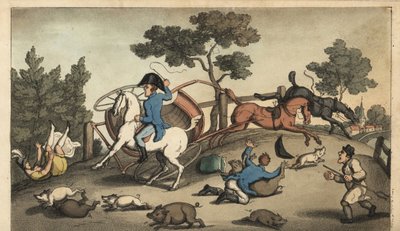 Johnny and a Lady Crash a Gig in a Herd of Swine. Handcoloured Copperplate Engraving by W. Read after an Illustration by Thomas Rowlandson from Alfred Burton
