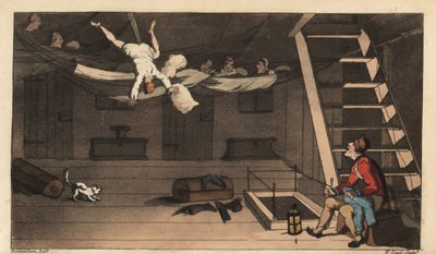 Johnny Falls out of his Hammock in his Cabin. Handcoloured Copperplate Engraving by W. Read after an Illustration by Thomas Rowlandson from Alfred Burton