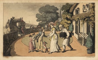 Johnny saying goodbye to his mother and sisters as he leaves for the Royal Navy on a stagecoach. Handcoloured copperplate engraving by W. Read after an illustration by Thomas Rowlandson from Alfred Burton