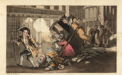 Johnny thrown out of a sedan chair when the porters crash over a pile of stones in the street. Night Watchmen with lanterns and rattles arrives by Thomas Rowlandson