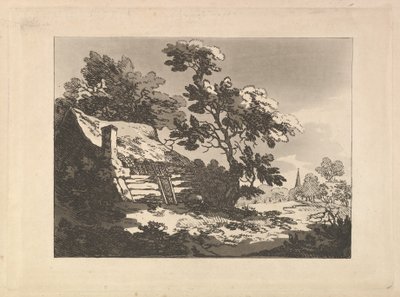 Landscape with Cottage Among Trees at Left, and a Distant Church Spire at Right by Thomas Rowlandson