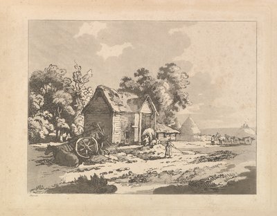 Landscape with Figures Storing Hay in a Barn, a Cart and Horse Lying Down at Left by Thomas Rowlandson