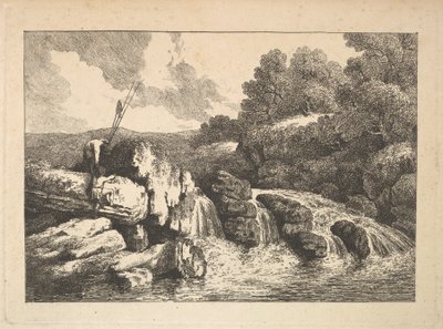 Landscape with Two Fishermen Climbing Rocks Next to a Waterfall by Thomas Rowlandson