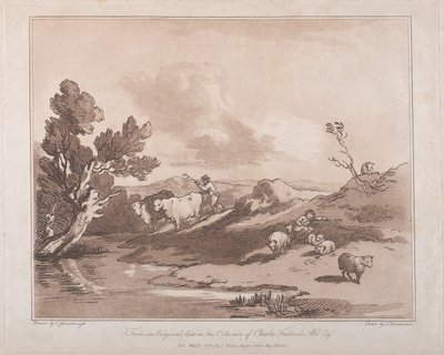 Landscape with a Figure Herding Cattle, and a Shepherd Resting by Thomas Rowlandson