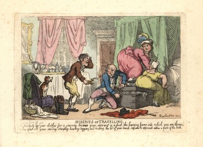 Man and two women failing to close a packed trunk by Thomas Rowlandson