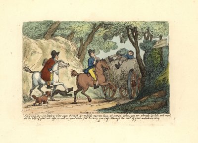 Man on horseback behind a slow-moving cart on a narrow lane by Thomas Rowlandson
