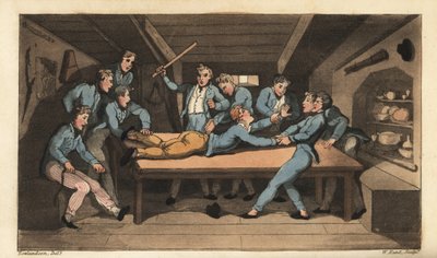 Naval punishment of cobbing (thrashing) for ruining a meal. Johnny is beaten with a stick over the mess table for adding salt to the pudding. Handcoloured copperplate engraving by W. Read after an illustration by Thomas Rowlandson from Alfred Burton