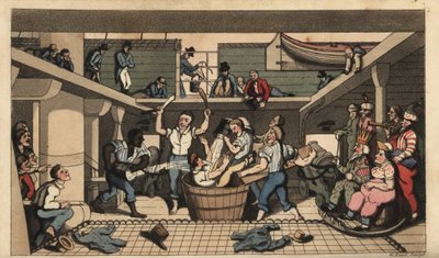 Naval Rite of Passage: Crossing the Line. Johnny is Dunked in a Bath of Bilge Water when he First Crosses the Equator. Sailors are Dressed as Sea Gods Neptune, Amphitrite and Triton. Handcoloured Copperplate Engraving by W. Read after an Illustration by Th by Thomas Rowlandson