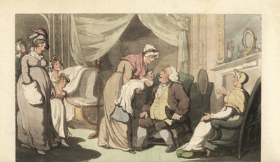 Nurse showing a baby to an old man and woman by Thomas Rowlandson