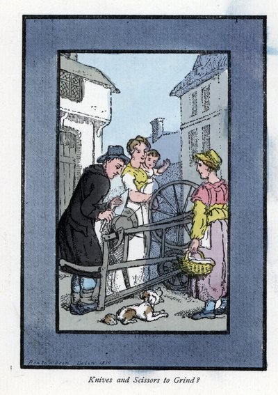 Sharpener sharpening a knife on his grinding wheel, with his clients by Thomas Rowlandson