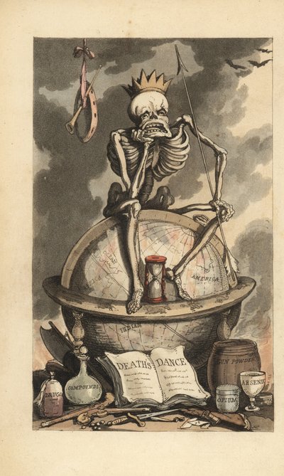Skeleton with Crown, Spear and Hourglass Seated on a Globe Above Various Lethal Weapons. Handcoloured Copperplate by Thomas Rowlandson from 