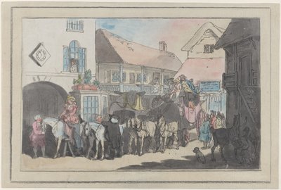 Stage Coach and Riders in the Yard of an Inn, Preparing to Depart by Thomas Rowlandson