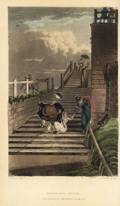 Terrace Steps: Tourists Take a Tumble Down the Stairs of Cliff Terrace by Thomas Rowlandson