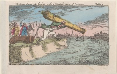 The Baron Jumps into the Sea with a Turkish Piece of Ordnance, [1809], reissued 1811 by Thomas Rowlandson
