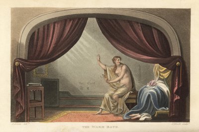 The Warm Bath: naked woman taking a bath behind curtains in a Regency room by Thomas Rowlandson