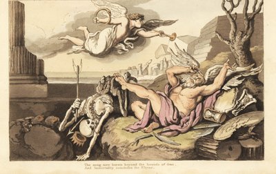 The skeleton of Death and Father Time sprawl beneath the Angel of Eternity by Thomas Rowlandson