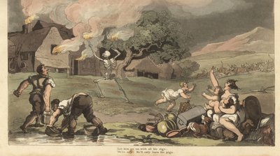 The Skeleton of Death Burns Down a House with Torches as a Family Tries to Save Its Treasures and Put Out the Fire with Buckets of Water from the Pond (Handcoloured Copperplate by Thomas Rowlandson) by Thomas Rowlandson