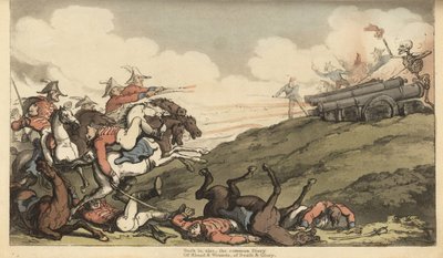 The skeleton of Death launches a barrage of cannon fire at an English cavalry charge by Thomas Rowlandson
