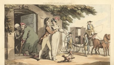 The skeleton of Death leads an old man into a mausoleum, leaving his young widow free to remarry by Thomas Rowlandson