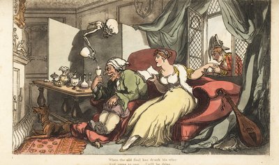 The skeleton of Death pours a fatal glass of wine for old fool Sir Peter on his honeymoon, while his young wife Julia flirts with Major Henry at the window by Thomas Rowlandson