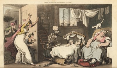 The skeleton of Death rocks the cradle of a baby while the nanny sleeps and the distraught mother arrives home by Thomas Rowlandson