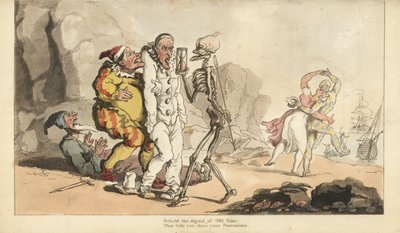 The Skeleton of Death with Hourglass and Dart Comes for a Pierrot and Other Clowns, While a Harlequin Dances with a Woman on a Beach (Handcoloured Copperplate by Thomas Rowlandson) by Thomas Rowlandson