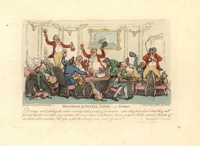 Tired and drunken man at a raucous dinner party with foxhunters by Thomas Rowlandson