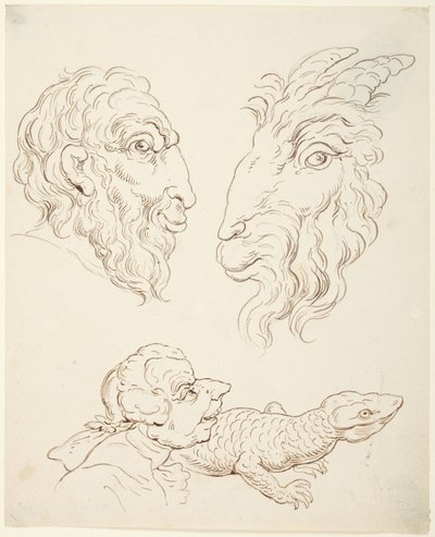 Two Caricatures: Man and Goat, Man and Lizard by Thomas Rowlandson