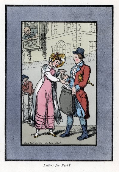 Woman paying and putting a letter in a bag carried by a British Royal Post Office employee. Wood engraving, based on a painting by Thomas Rowlandson (1756-1827) by Thomas Rowlandson