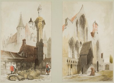 Fish Market, Antwerp and Hospice des Vieillards, Ghent, from Picturesque Architecture in Paris, Ghent, Antwerp, Rouen, etc. by Thomas Shotter Boys