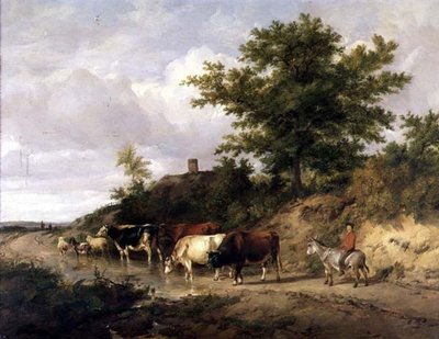 Wooded Landscape with a Boy on a Donkey and Cattle at a Ford by Thomas Sidney Cooper