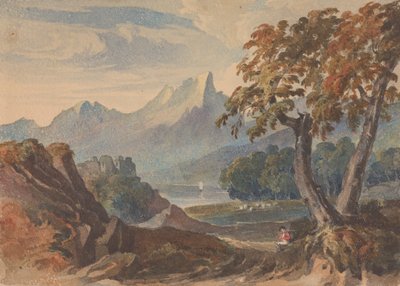 Landscape with Mountains, Lake Castle, Seated Figure in Foreground by Thomas Sully