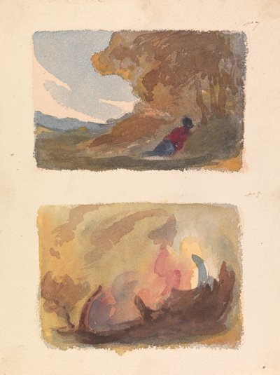Two Drawings on One Sheet: Landscape with Figure Reclining Against Hill; Landscape - Variety of Watercolor Washes by Thomas Sully