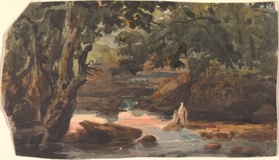 Two Figures in Stream, Bordered by Large Trees by Thomas Sully