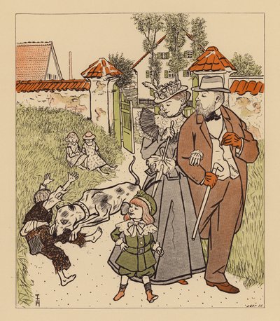 Family Out for a Walk Watching Their Dog Biting a Dirty Urchin on the Leg by Thomas Theodor Heine