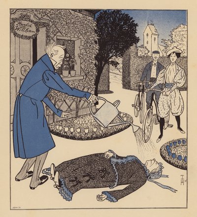 Man attempting to revive his wife after she fainted by Thomas Theodor Heine
