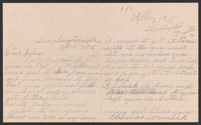 Letter from Thomas Womack to Julia Womack with Envelope by Thomas Womack