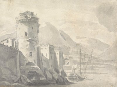 Fortified Buildings Rising Steeply from a River Bank (in Italy ?) with Boat Centre and Distant Mountains by Thomas Wyck
