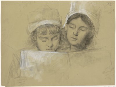Two Girls with White Caps Reading a Book by Thérèse Schwartze