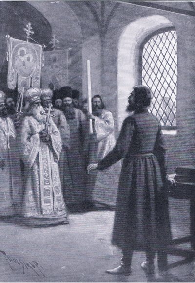 Boris Godunov in retirement at the monastery entreated to accept his election as Czar, illustration from Landmarks in European History published by Gresham Publishing Co, c.1920 by Thure de Thulstrup