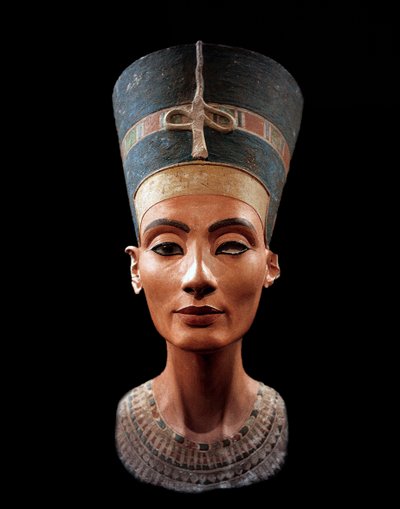 Bust of Nefertiti (c1370- c1330 BC) Great Royal Wife (chief consort) to the Egyptian Pharaoh Akhenaten. Nefertiti and her husband were known for a religious revolution. They worshipped one god only, Aten, the sun