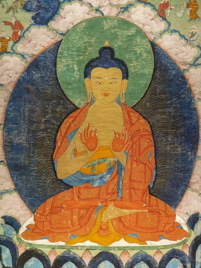 Buddha and three Jakata: Mahakapi, Ruru, Shaabhamiga by Tibetan School