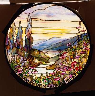 Window with sunset and mountains, Tiffany Studios, c.1900 by Tiffany Studios
