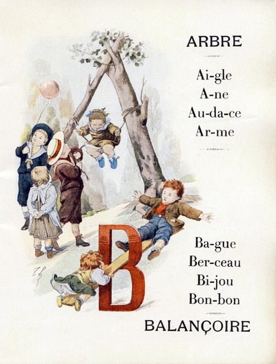 Letters A and B representing children playing the swing by Timoleon Marie Lobrichon