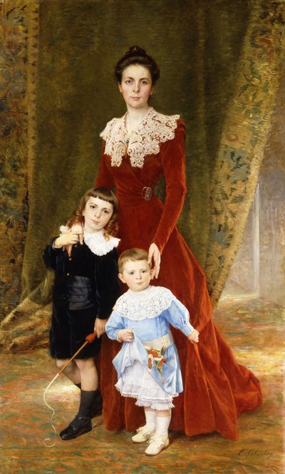 Portrait of a Lady, standing full length, with her Children by Timoleon Marie Lobrichon