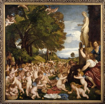 Offering to Venus. Little cupids gather to pay tribute to the goddess Aphrodite by Tiziano Vecelli
