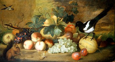 A Still Life of Fruit with a Magpie and a Red Squirrel by Tobias Stranover