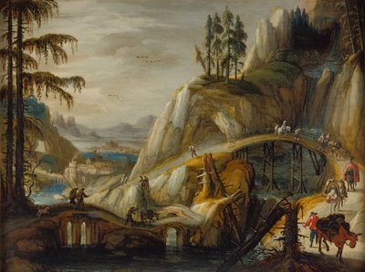 Travellers in an Alpine Landscape by Tobias Verhaecht