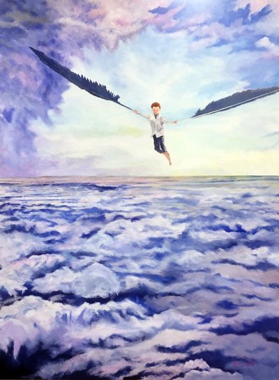 Boy Flying Above Clouds by Tom Blood