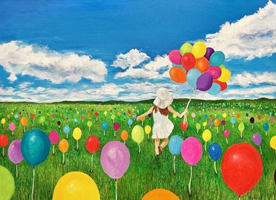 Joyful Girl Balloon Field by Tom Blood